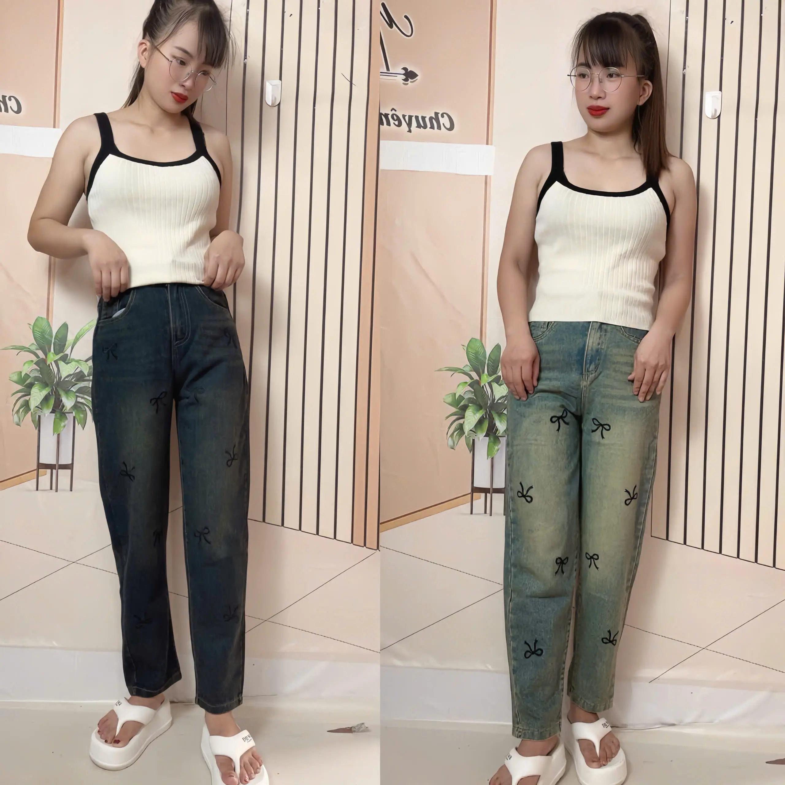 Quần Jeans Nữ Dáng Baggy Thêu Nơ - Quần Bò Nữ Baggy