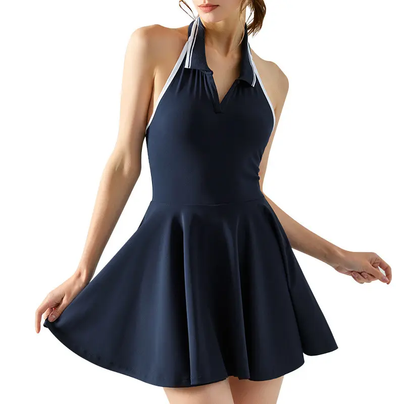 New Neck-hanging Lapel Sports Dress Women's Yoga Anti-walking Tennis Dress with Chest Pad