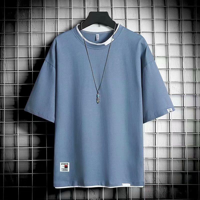 Product Introduction of Short-Sleeved T-shirt Men's Loose Fashion Brand Fake Two Pieces Half-Length Sleeve Underwear Blouse Korean Style Handsome Summer Clothes 6