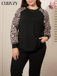 CURVZY Plus Size Patchwork Leopard Print Tee, Casual Long Sleeve T-shirt for Fall & Winter, Women's Plus Clothing for Daily Wear