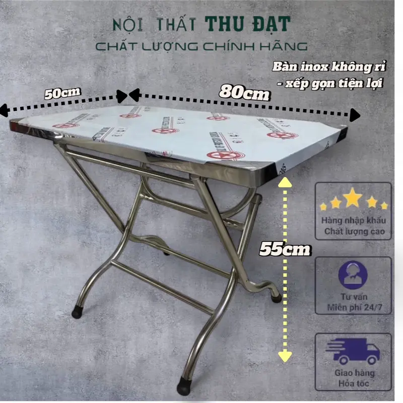 Bàn inox xếp gọn 50x80cm chân lùn, sản phẩm chất lượng cao 0