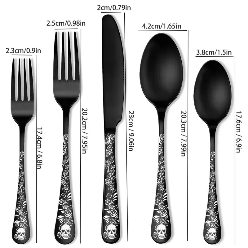 Gothic Style Flatware Set, 5/25pcs Skull & Rose Pattern Flatware Set, Stainless Steel Cutlery Set, Tableware Set for Home Kitchen 1