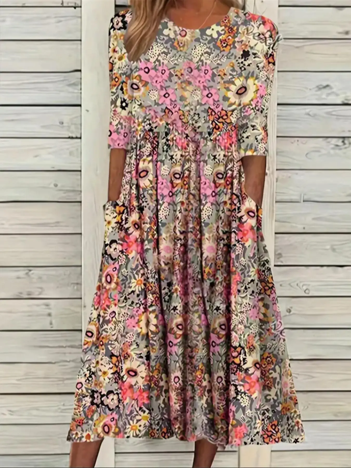 【Plus Size】 Floral Print Pocket Dress, Casual Round Neck Half Sleeve Dress for Summer, Women's Plus Clothing for Daily Wear