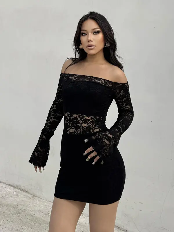 Women's Off The Shoulder Sheer Floral Lace Dress, Elegant Fashion Long Sleeve Short Dress for Party Club Dating Wear, Women Dress for Spring & Fall 2