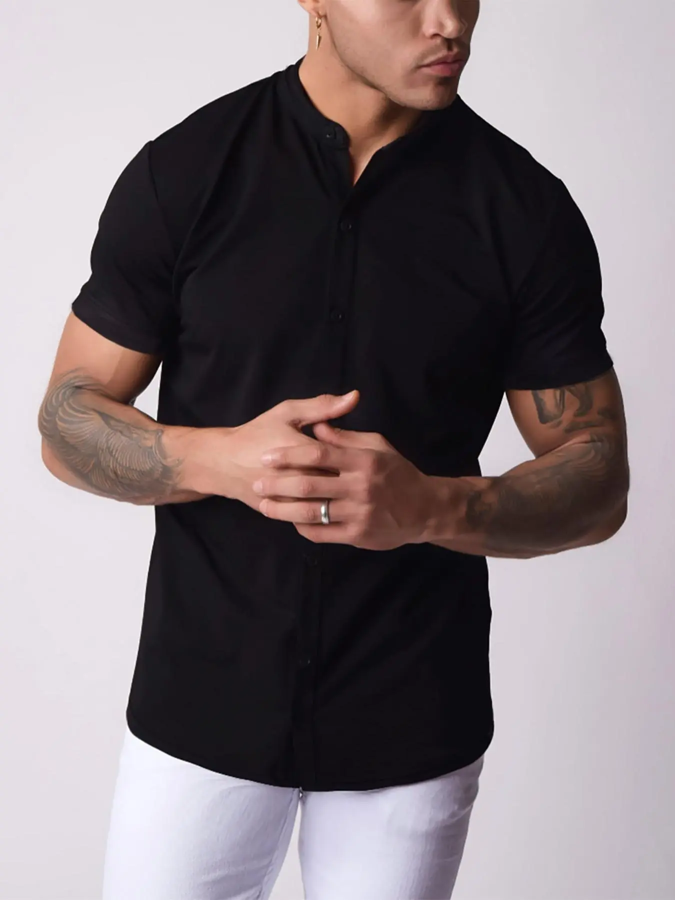 Men's Solid Button Front Shirt, Casual Short Sleeve Top for Summer, Fashion Men's Clothes for Daily Wear
