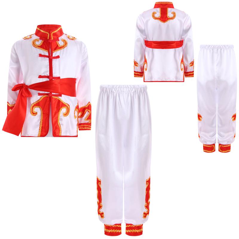 Haitryli  Unisex Kids Girls Boys Color Block Kung Fu Suit Performance Outfit Mandarin Collar Long Sleeve Side Split Top with Elastic Waistband Pants Belt 3