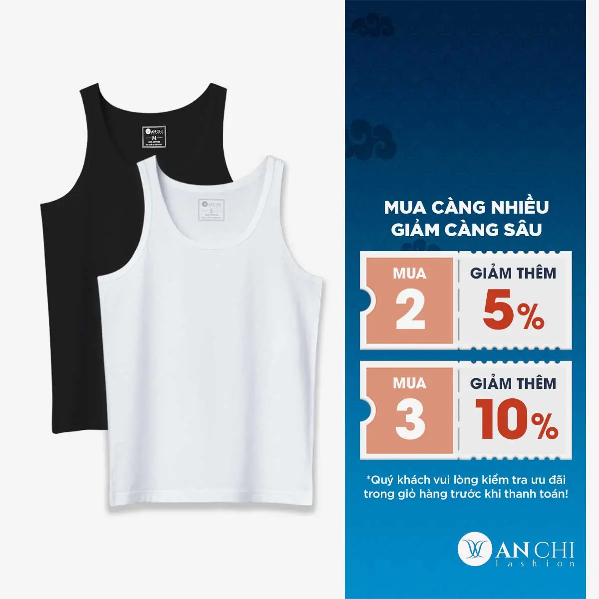 Áo ba lỗ nam ANCHI 100% cotton co giãn thấm hút mồ hôi - ACABL