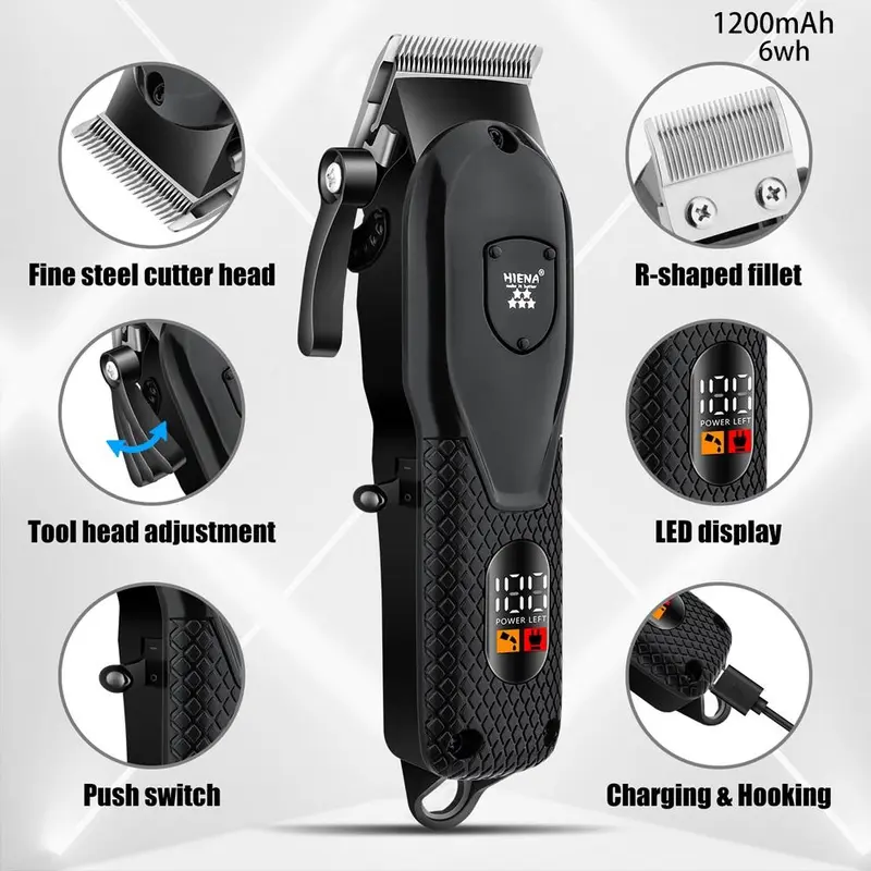 Professional Men's Hair Clipper with LED Display, 1 Set USB Rechargeable Men's Hair Cutting Machine, Cordless Hair Clipper Trimmer, Barber Kit 3