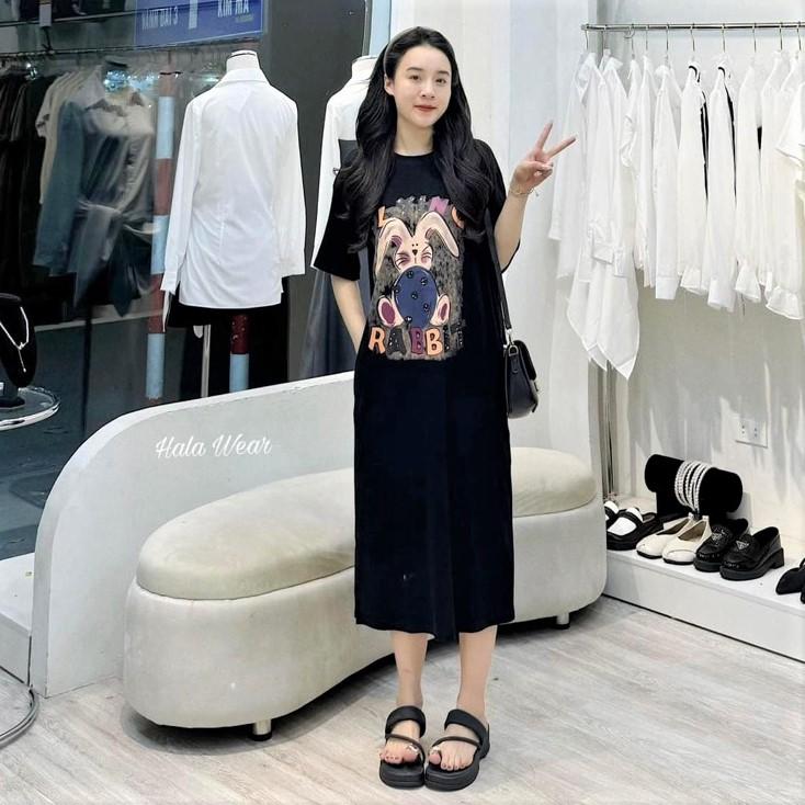 Đầm suông nữ - váy suông thun cotton thỏ ngắn tay cổ tròn form rộng túi eo Women Dress