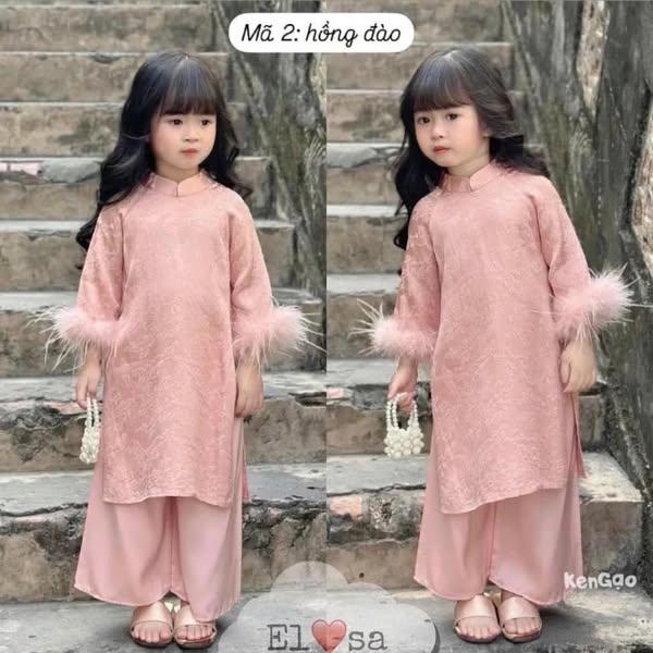 Áo Dài Bé GáiThiết Kế Kiểu Dáng Đính Nơ Xinh Xắn Chất Liệu Lụa Ngọc Trai Cao Cấp TẶNG Kèm Bờm 2