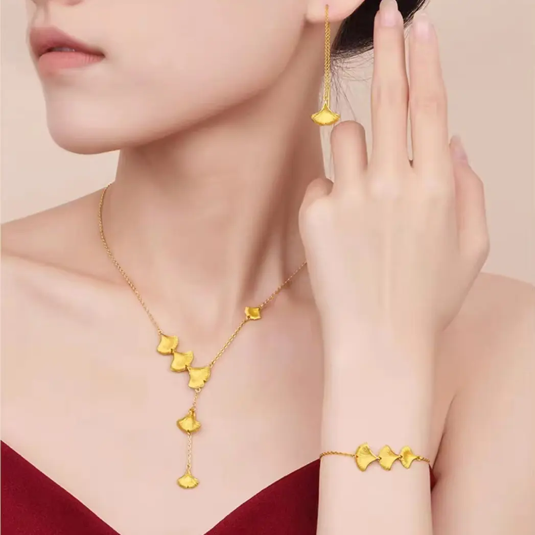 Alluvial Gold Ginkgo Leaf Necklace Integrated Chain Ginkgo Leaf Bracelet Ring Suit for Women