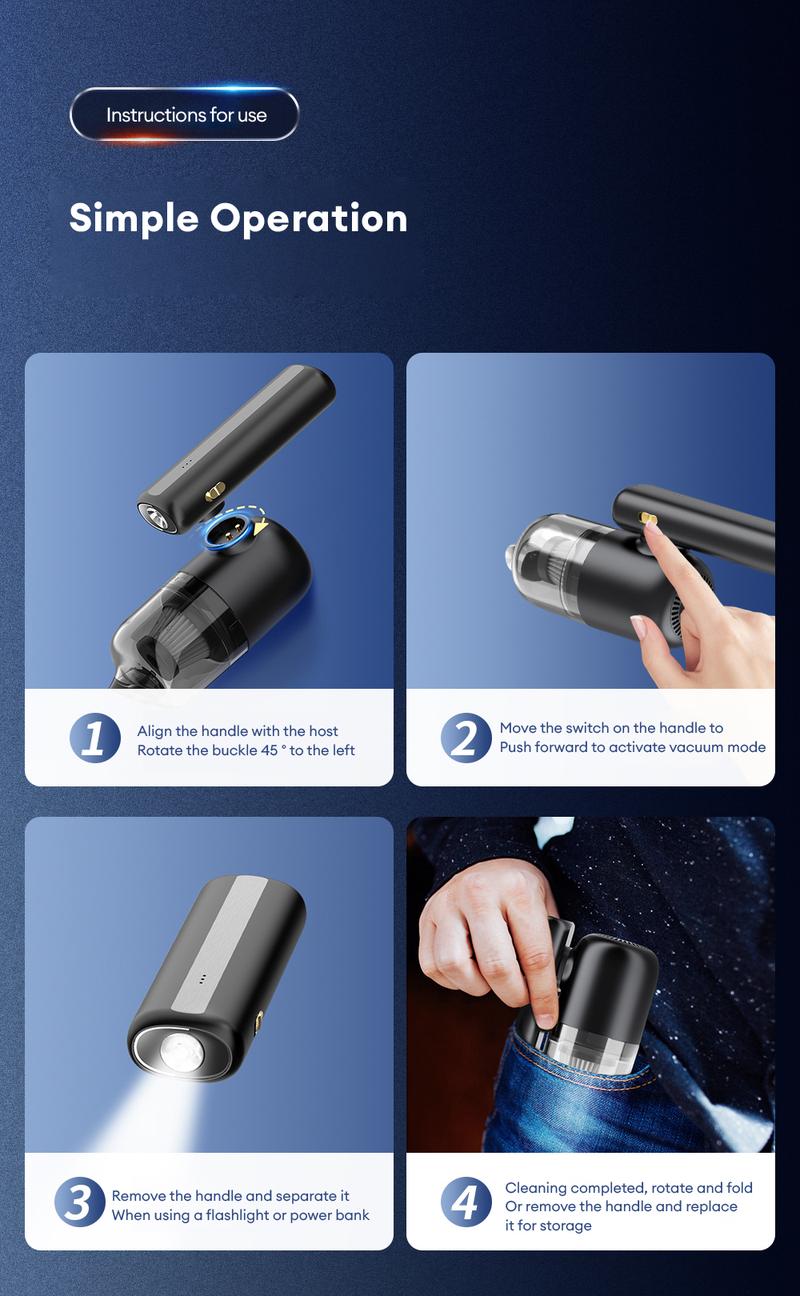 Product Introduction of Wireless Vacuum Cleaner Car Mini Inflatable Vacuum Cleaner Lighting Power Bank Portable and Compact Folding Powerful Handheld Air Pump 14