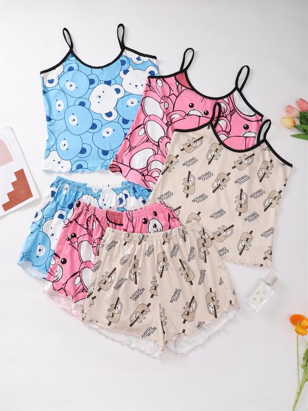 6 Pieces Women's Contrast Binding Lettuce Trim Cami Top & Shorts Pyjamas Set, Casual Comfy Halloween Pumpkin & Skull Print Camisole & Shorts Pj Set, Sleepwear Set for Women, Co-ord Sets for Women, Nightwear 6