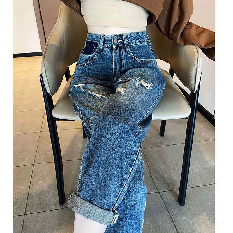 Product Introduction of Quần Jean Baggy Nữ BigSize Lưng Cao Rách bụi, Phong Cách Hàn Quốc, Màu Xanh Đá Đậm Rách 3006 3007 Lưng Chun Denim Pants Women 7