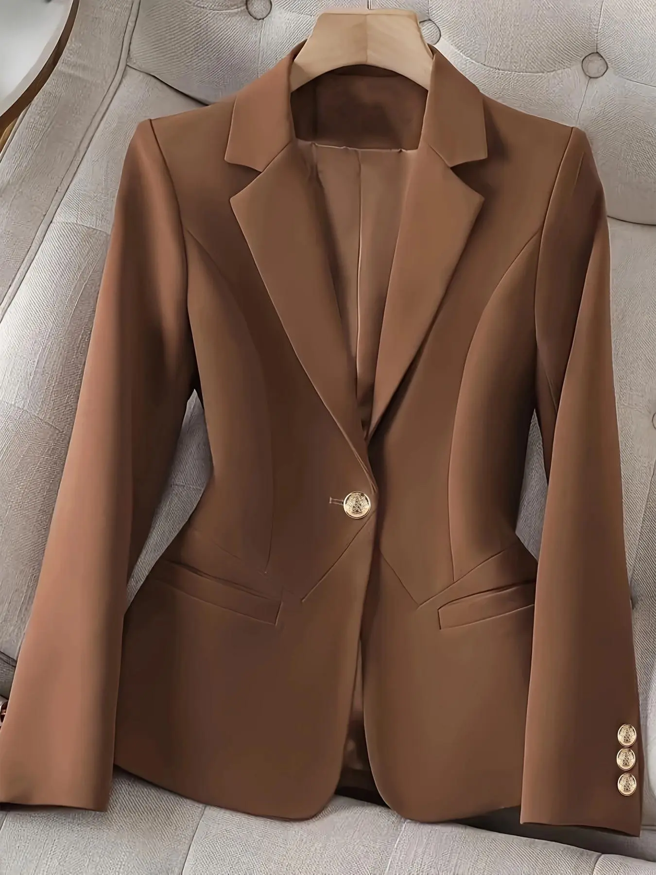 Women's Solid Color Long Sleeve Blazer, Elegant Fashion Comfy Button Front Outerwear for Work Office Business, Tan Suit, Ladies Spring & Fall Clothes
