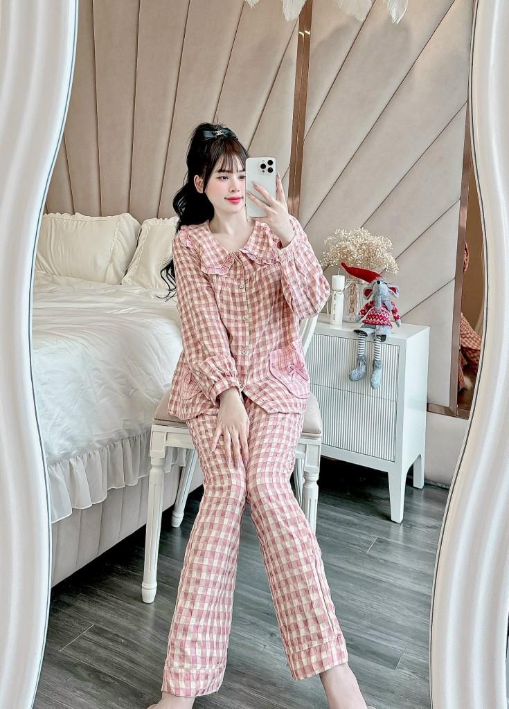 Product Introduction of Đồ Bộ Mặc Nhà Áo Tay Dài Túi Phối Quần Dài Dành Cho Nữ, Chất Vải Kẻ Nhung Mềm Mại, Kiểu Dáng Dễ Thương Form Dưới 60kg Dài Tay Women Tua Rua 14
