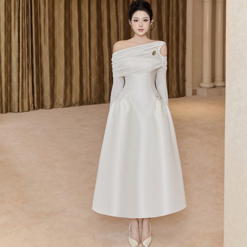 SOLEIL - Váy Đầm Yoon Dress Thiết Kế Nữ Chéo Khoét Vai Chiết Eo Dài Tay Dáng Bồng Tăm Hoa Phối Taffeta Tiểu Thư Sang Trọng Đi Tiệc Đi Chơi Thường Ngày Women VD83 2