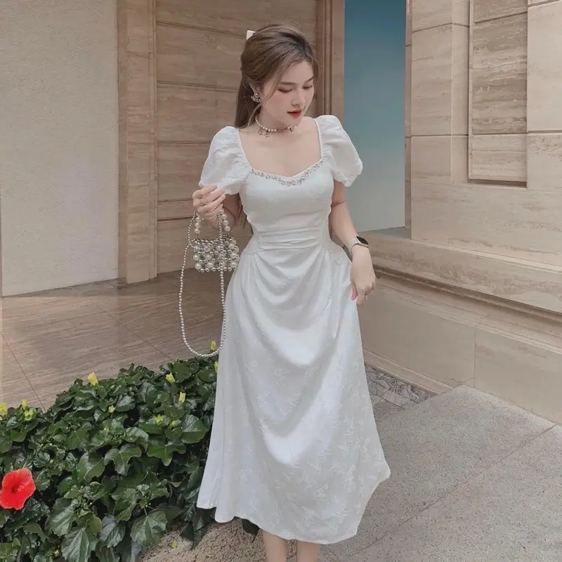 Đầm dự tiệc gấm dáng dài viền đá KATY DRESS  Nữ Women Kem Voan Voi Nhung Sen váy  phù váy  dâu đi bàn