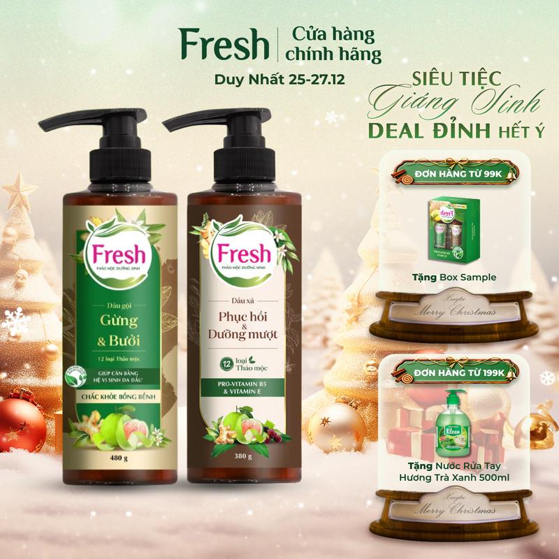 ĐỘC QUYỀN LIVESTREAM Combo Dầu Gội FRESH Thảo Mộc Dưỡng Sinh Sạch Gàu Mềm Mượt 480g Và Dầu Xả Dưỡng Tóc Mềm Mượt 380g