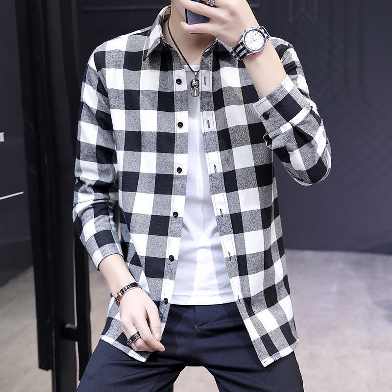 Áo Sơ Mi Kẻ Sọc, Phong Cách Thường Ngày Trang Phục Mùa Thu, Kẻ Sọc Đen Trắng, Dành Cho Nam Giới, Áo Dài Tay, Quần Áo Thời Trang, Áo Mặc Bên Ngoài, Áo Khoác Nam Menswear Shirt Có Cổ 0