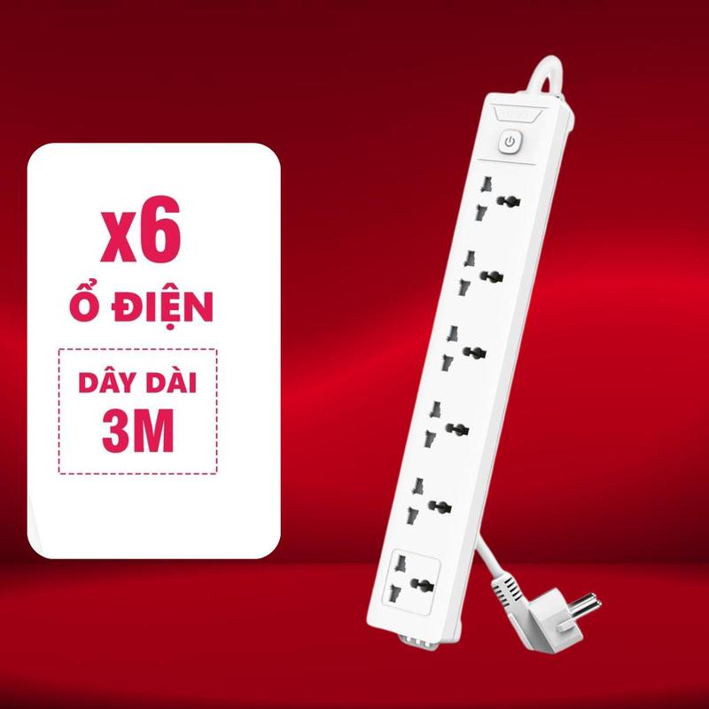 (Deal giới hạn) Ổ cắm điện dáng dài 6 ổ, 1 nguồn, dây 3m Deli , ổ điện công suất 2500W, nhựa ABS chống cháy, dây đồng, bảo hành 36 tháng