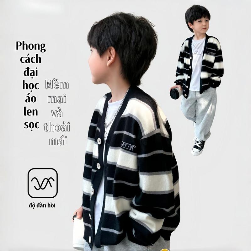  Áo khoác len cardigan sọc đen trắng cho bé trai bé gái – form rộng Hàn Quốc cao cấp chất len mềm mịn dễ phối đồ size 120–170 