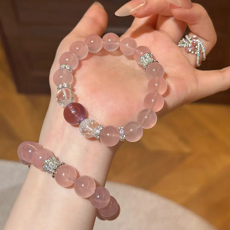 Madagascar Imitation Ice Transparent Horse Powder Bracelet Peach Blossom Pink Quartz Bracelet Amethyst Transfer Bead Niche Women's Style