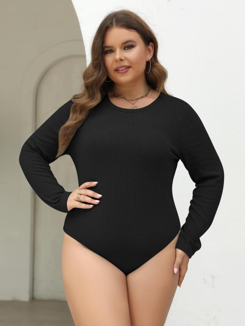 Product Introduction of 【Plus Size】 Solid Round Neck Ribbed Bodysuit, Casual Long Sleeve Crew Neck Bodysuit for Spring & Fall, Women's Clothes for Daily Wear 6