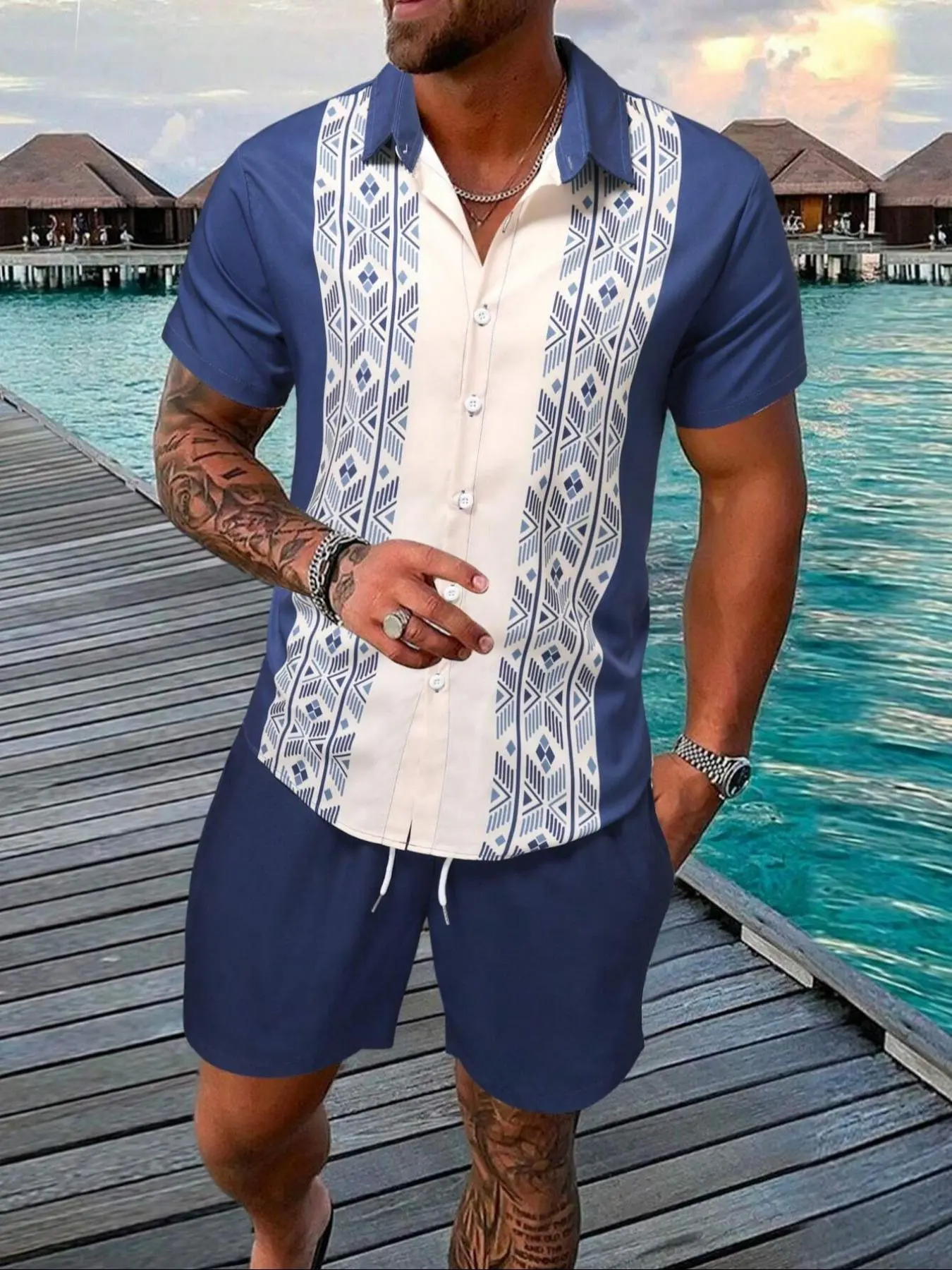 Men's Tribal Print Short Sleeve Tee & Shorts Two-Piece Set, Regular Fit Casual Fashion Cozy Round Neck T-shirt & Shorts for Daily Outdoor Wear, Men's Clothing for Summer