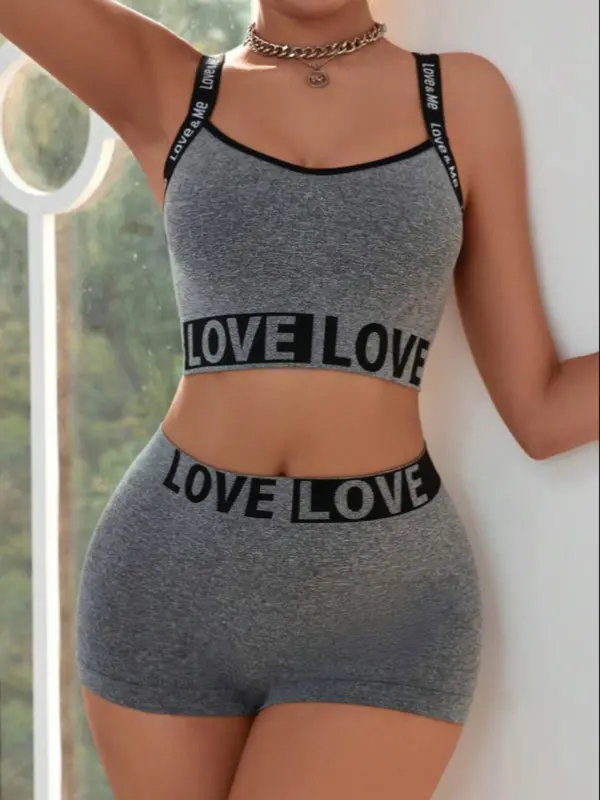 Women's Letter Print Wireless Bra & Mid Waist Panty Set, Soft Comfy Breathable Lingerie Set for Daily Wear, Underwear Set for Women 2