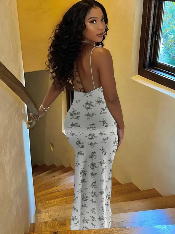 Women's Split Thigh Cami Bodycon Dress, Casual Sleeveless Spaghetti Strap Long Dress for Summer, Fashion Women's Clothing for Beach Holiday 4