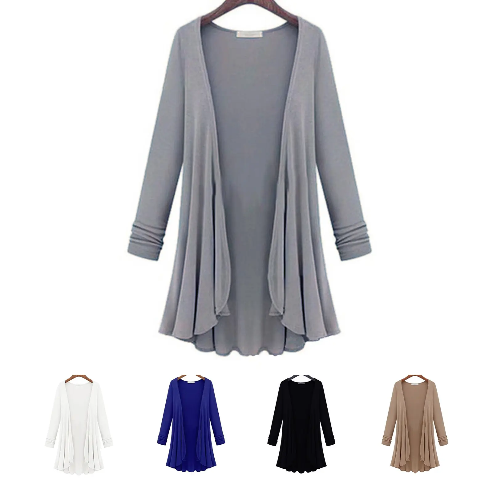 wcallpse-Solid Color Long Sleeve Women Coat Autumn Winter Open Front Draped Hem Long Cardigan Outerwear