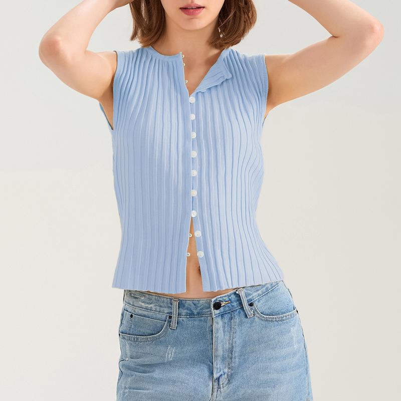 Product Introduction of Women Knit Tank Top, Sleeveless Button Closure SolidFit Summer Casual Vest Streetwear 35