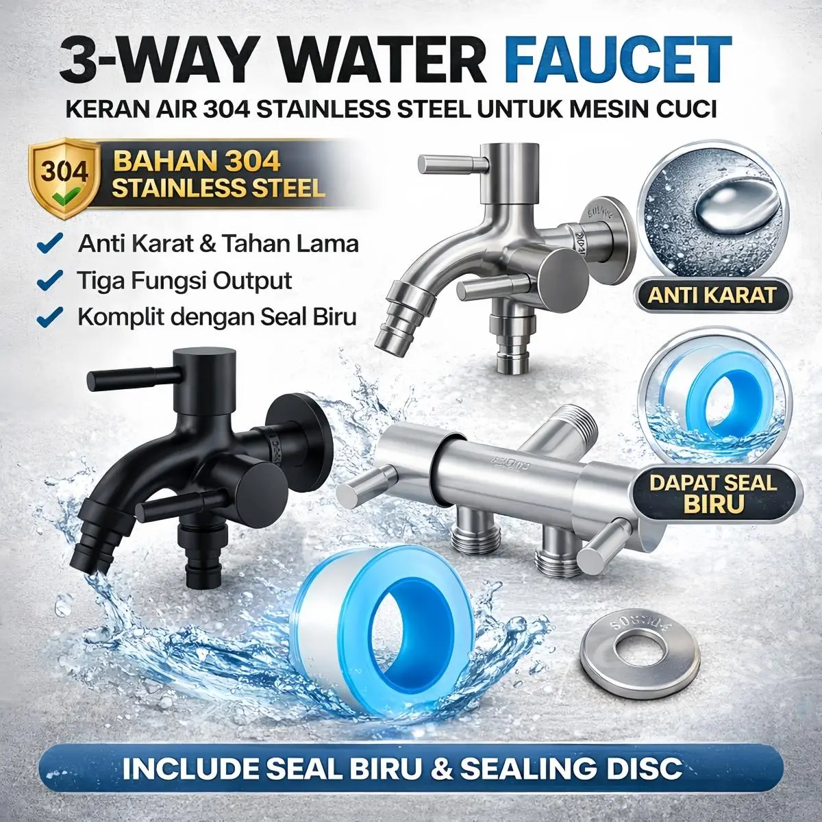 1/2 inci Keran Air 3 Jalur 304 Stainless Steel – Kran Mesin Cuci Tiga Arah Anti Karat + Seal Biru