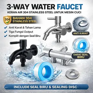 1/2 inci Keran Air 3 Jalur 304 Stainless Steel – Kran Mesin Cuci Tiga Arah Anti Karat + Seal Biru