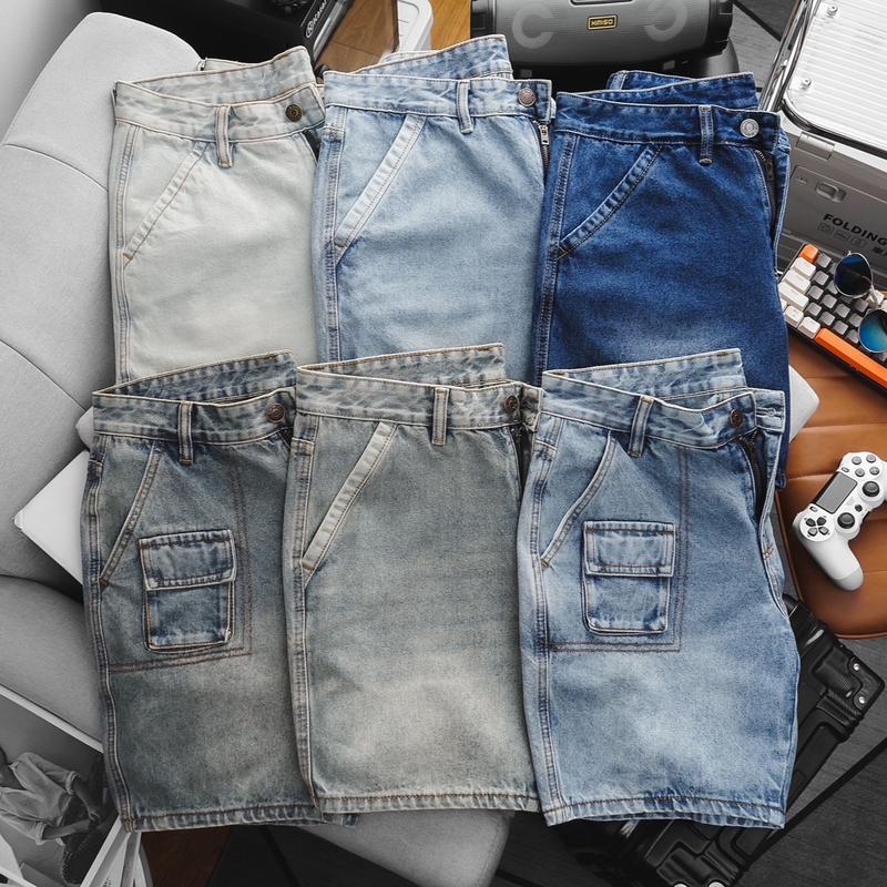 Quần short đùi jean nam cotton ống suông trên gối xanh dương túi chéo hàng VNXK Menswear Có Túi Pants 2