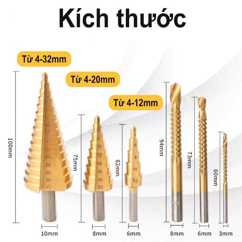 Bộ 6 mũi khoan khoét lỗ đa năng,Mũi khoan hình nón thép phủ titan cỡ 4-12/20/32mm tiện dụng- Khoan được nhiều cỡ lỗ trong 1 mũi khoan 5