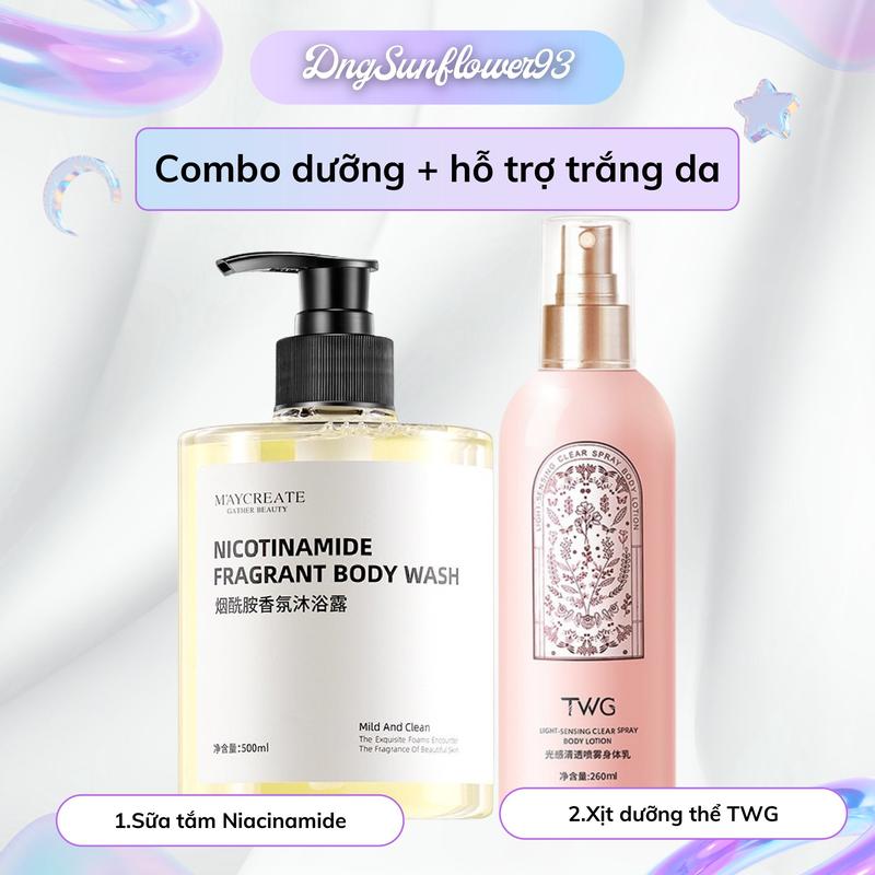 Combo sữa tắm Niacinamide và dưỡng thể dạng xịt TWG dưỡng da, hổ trợ làm mềm da