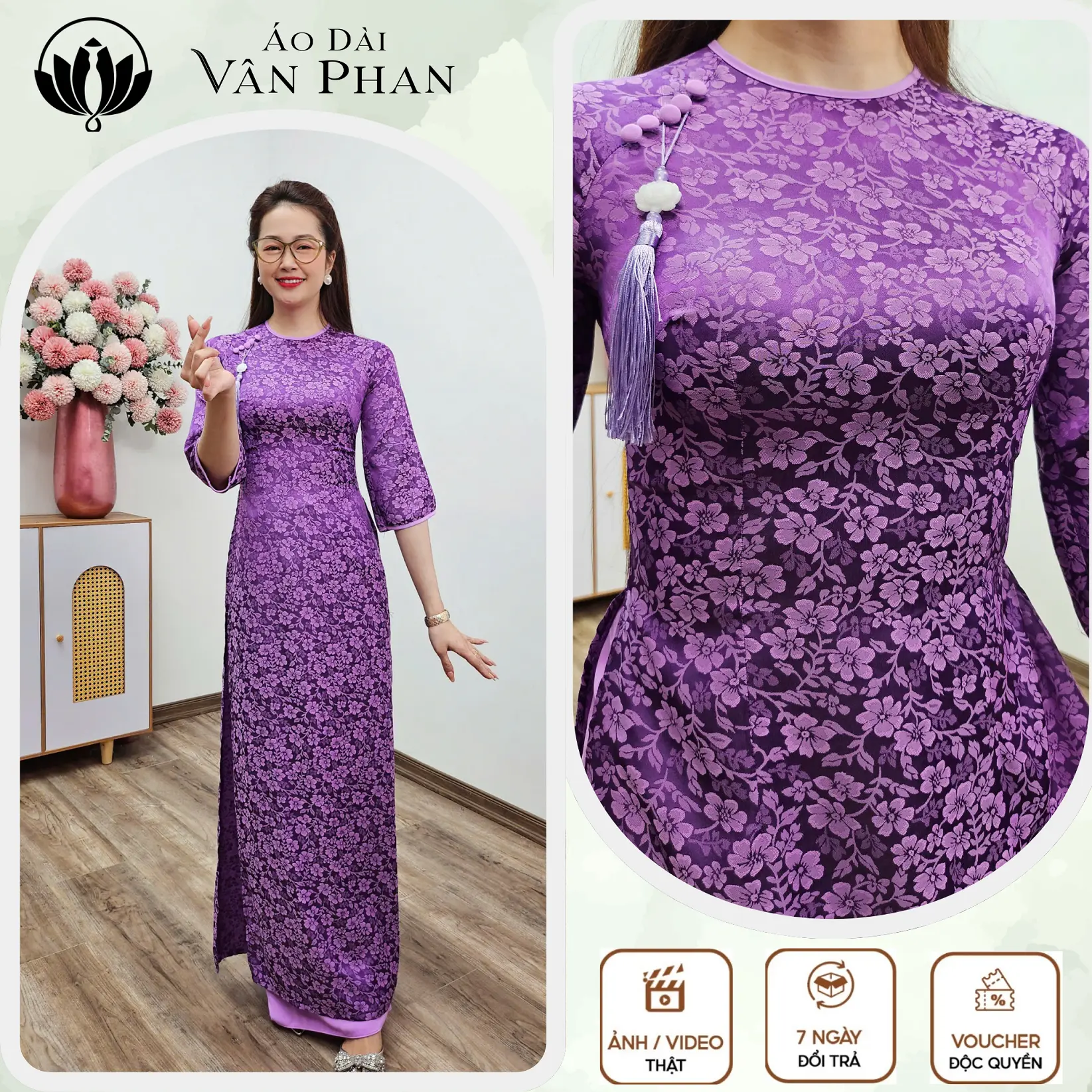 Áo dài cổ khít tay loe gấm thanh liễu tím viền tím cà đính cúc - A2841 (Thương hiệu: áo dài Vân Phan)