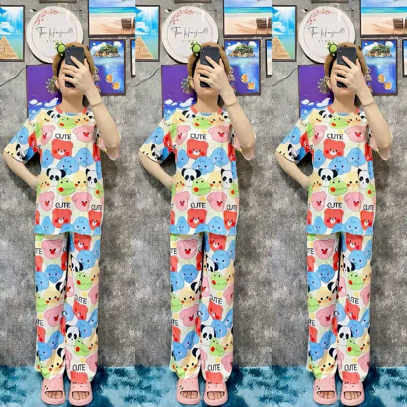 Bộ thun tăm lạnh tay ngắn, họa tiết hoạt hình dễ thường,freesize 45-65kg,cao 1m50-1m68 Top Nữ Women Áo bộ  ủ kem 4