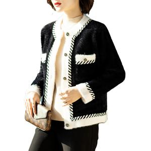 เสื้อคาร์ดิแกนสไตล์คลาสสิก, สีตัดกันสำหรับผู้หญิง, คอลเลกชันฤดูใบไม้ผลิและฤดูใบไม้ร่วง, 2024 ฤดูใบไม้ร่วงมาใหม่, เลียนแบบมิงค์, สไตล์สังคม, สง่างาม, ท็อปส์ซูด้านนอก Clothing Lady Women