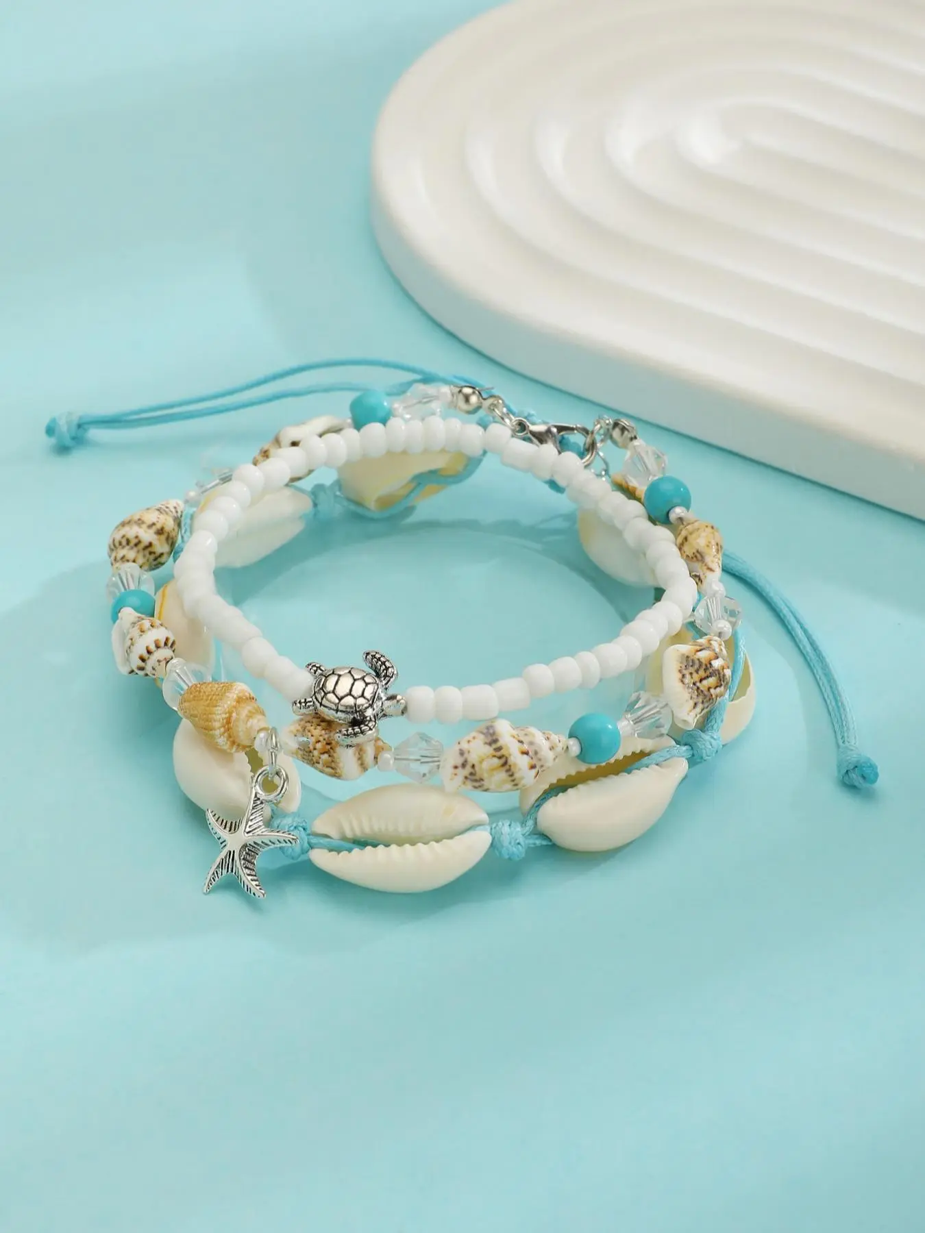 Fashion Beach Turtle Beaded Link & Shell Decorated Link Bracelet (3pcs), Beach Marine Life Jewelry for Women & Girls, for Party, Daily Clothing Decor, Trendy Jewelry for Birthday Gift