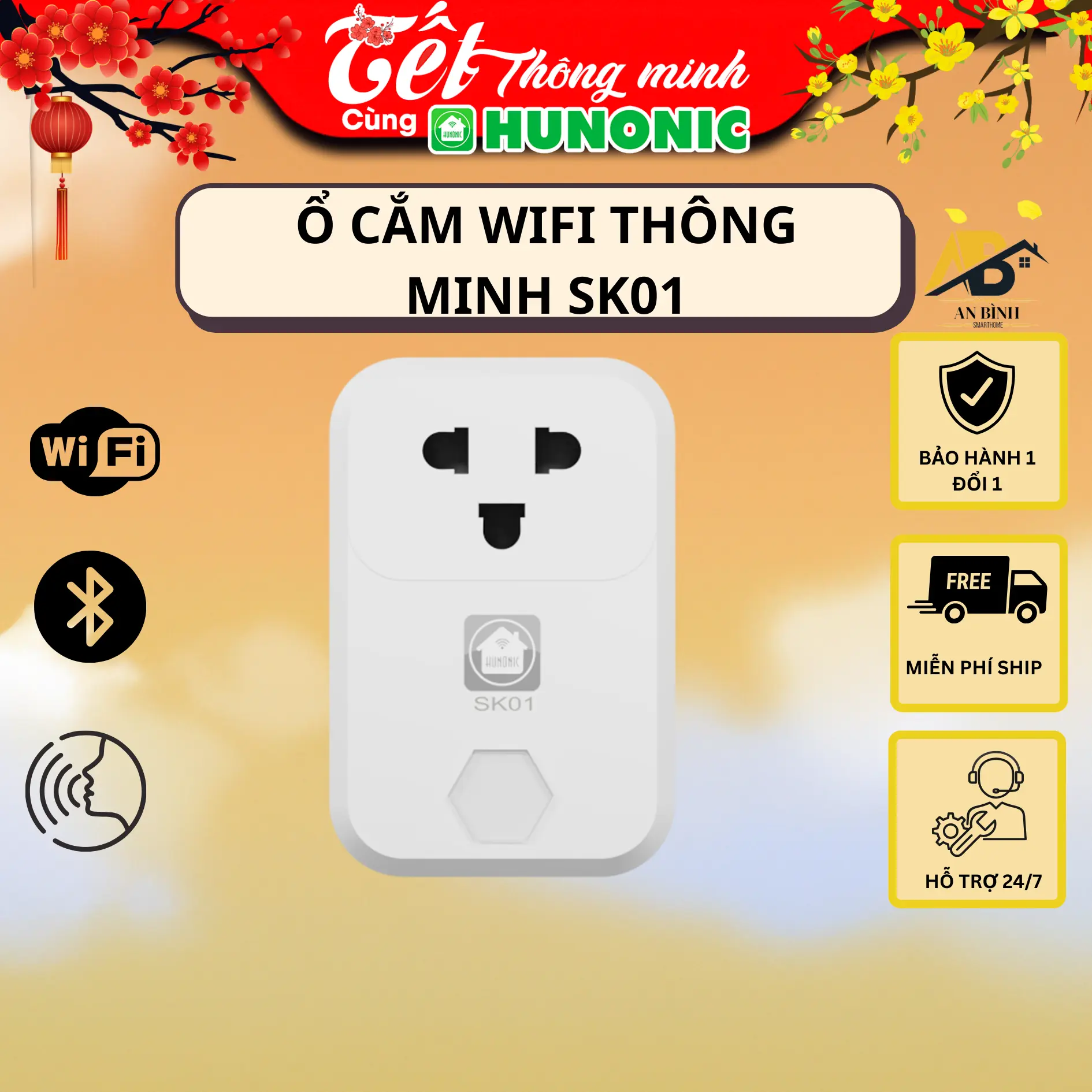 Ổ Cắm Điện Wifi Thông Minh Hunonic SK01, Hẹn Giờ Bật Tắt Từ Xa Trên Điện Thoại, Điều Khiển Giọng Nói