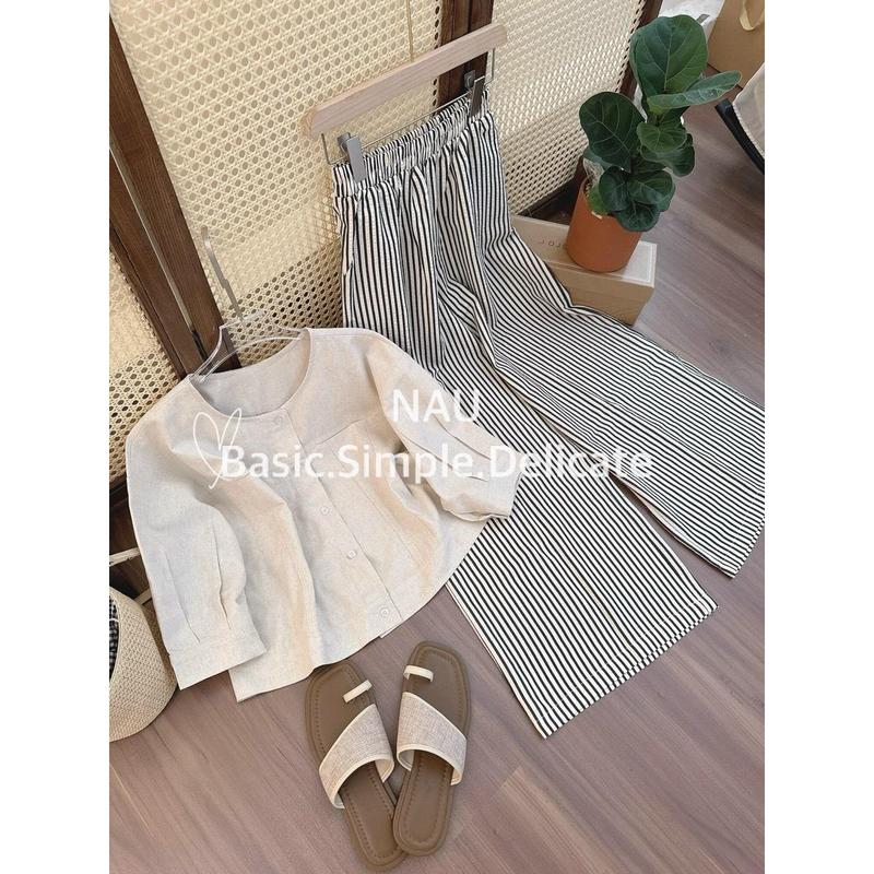  Set áo Linen tay lỡ quần sọc ống rộng 