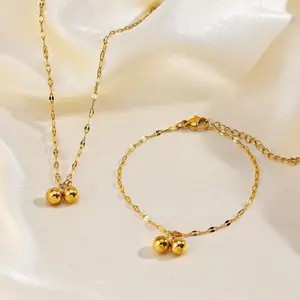 Set kalung dan gelang titanium Gold pecah kopi double boba