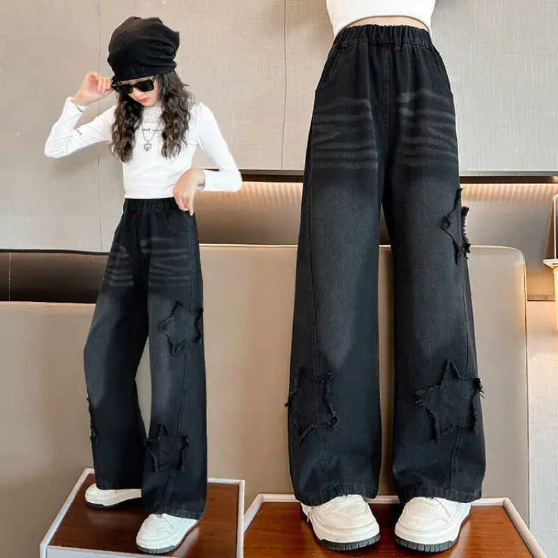 Quần Jeans Ống Loe Sẻ Gấu Đính Nơ Cho Bé Gái. Quần Bò Ống Rộng Cho Bé Gái Từ 15-45kg
