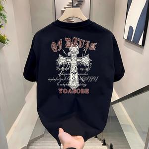 ผ้าฝ้ายคอกลมแขนสั้นเสื ้อยืดผู้ชายเทรนด์ภาษาอ ังกฤษพิมพ์ฤดูร้อนด้านบ หลวมพร้อมเสื้อยืดขนาด