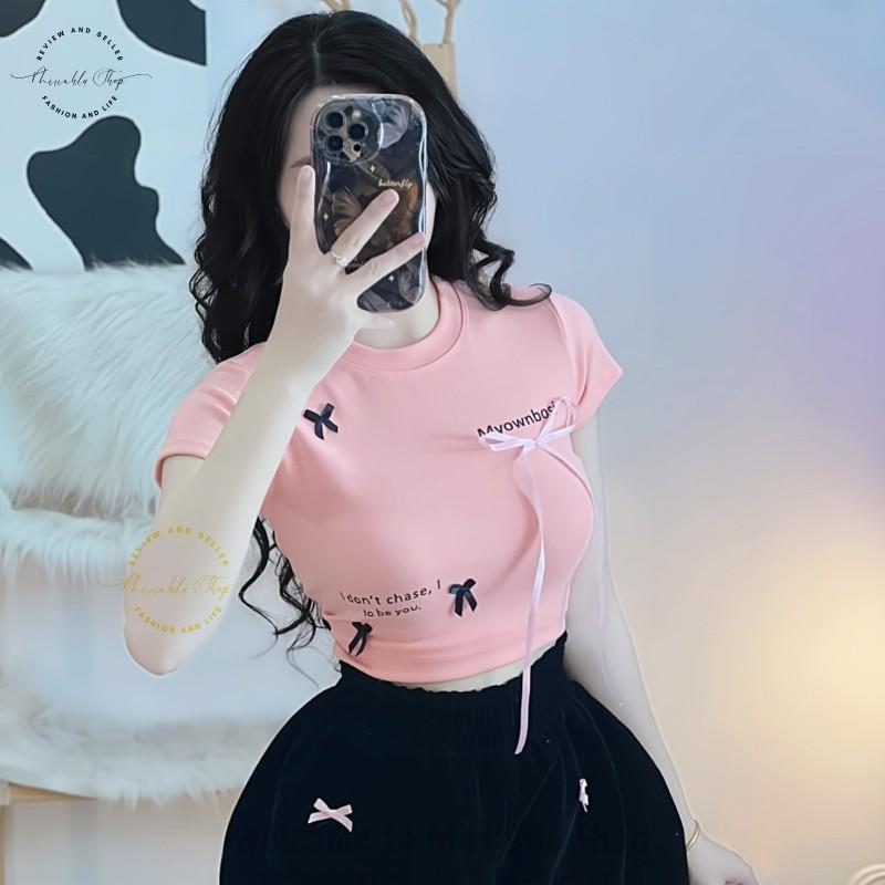 Product Introduction of Áo Croptop Borip Basic Ôm Body In Chữ "I Don't Chase" Đính Nơ Dài, MLS11, Women Thun Sen Sò Hoa Sen Trắng Kem Tre Cổ Tròn Dáng Ngắn 20