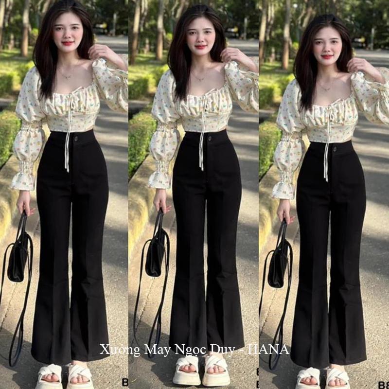 Quần ống loe dài 95cm nữ đi học làm công sở hẹn hò cạp cao hack dáng màu Đen dáng quần tây nữ ống loe lưng cao vải tuyết mưa dày mềm