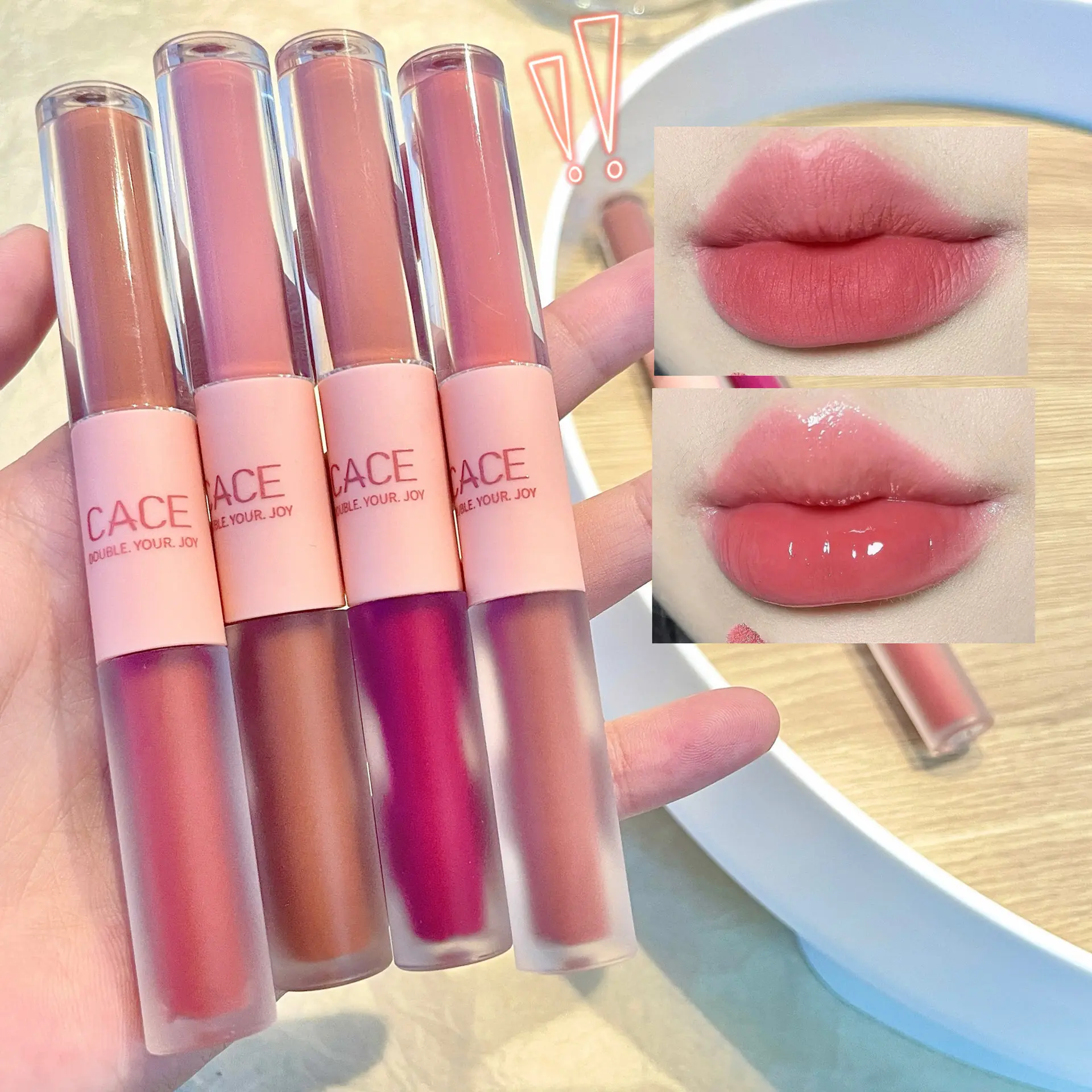 2 in1 Mud Lipstick Lip Cream Lip Gloss dua sisi Matte Lipstick Glossy Lipstik Bibir Creamy Kering Kosmetik